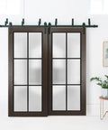 Frosted Glass Sliding Barn Closet Doors With Hardware Set Chocolate Ash Finish Six Point Six Feet Rails 64 By 96 Inches