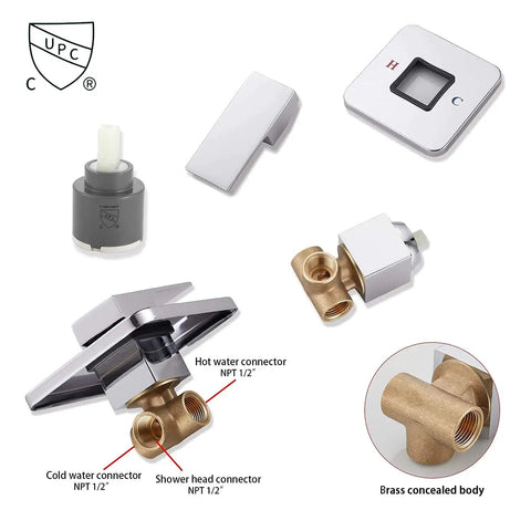 Chrome Shower Faucet Set With Rough In Valve And 8 Inch Square Shower Head components, brass concealed body, CUPC certified.