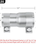 2.25 To 2.5 Inch Stainless Steel Exhaust Reducer With Clamp ID To ID Exhaust Adapter shown from side view with measurements