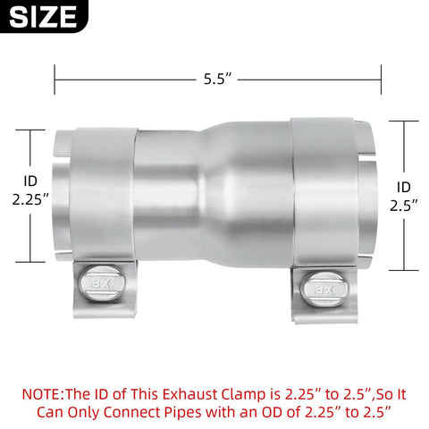 2.25 To 2.5 Inch Stainless Steel Exhaust Reducer With Clamp ID To ID Exhaust Adapter shown from side view with measurements