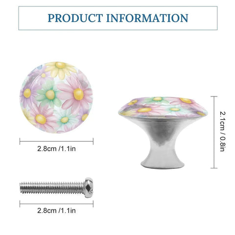 Colorful Watercolor Daisy Cabinet Knobs 2 Pack Aluminum Alloy Drawer Pulls with size and screw details