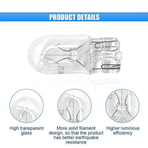 Close-up of a 10 Pack T10 12V 5W Flat Foot Car Indicator Light with quartz glass, showing filament structure and glass transparency.