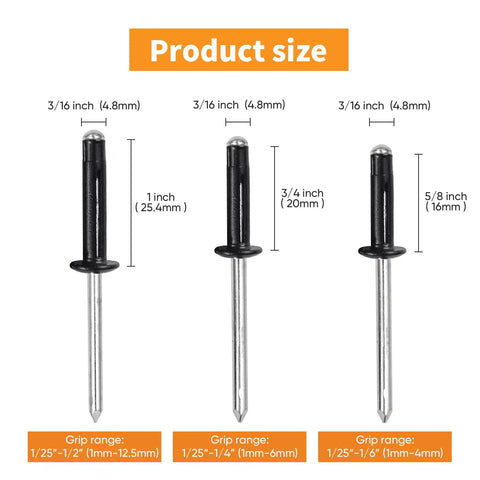 Sizes of Tri Fold Aluminum Pop Rivets Black 75 Pieces Assortment For Kayak Boat Repair Includes Sizes Three Sixteenths Inch