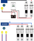 Diagram of Two Pack AC DC Miniature Circuit Breakers 30 Amp Single Pole with thermal magnetic trip for solar setup and AC connection.