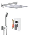 High Pressure 12 Inch Square Rain Shower System with handheld, chrome valve trim, brass arm, and stainless steel hose display