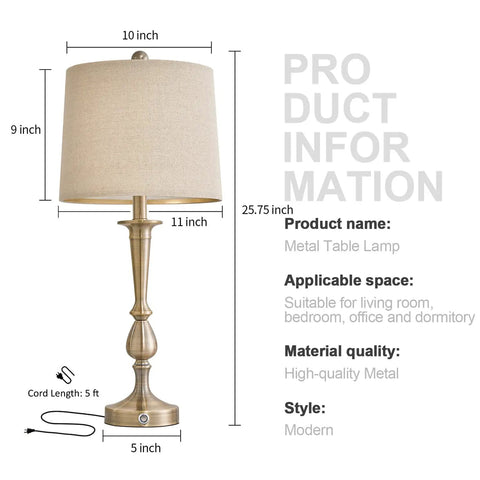 Dimmable Touch Control 25 Inch Modern USB Table Lamp Set of 2 with brass finish shown with detailed measurements and features.
