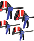 Go-To Mini Bar Clamp Set For Woodworking, Four-Piece One-Handed F Style Quick-Change Clamps in blue with red pads