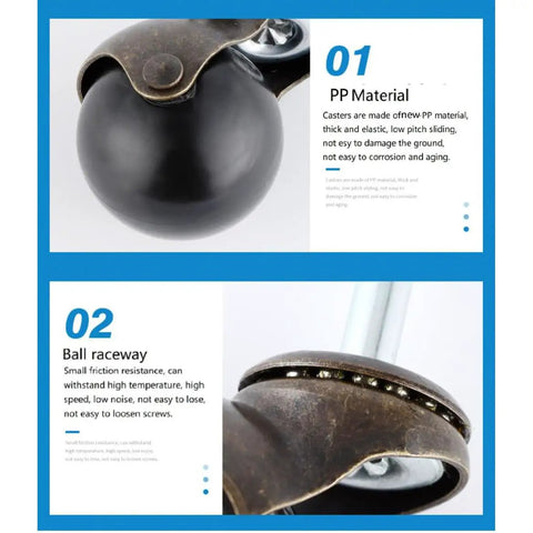 Ready To Roll Swivel Stem Ball Caster Wheels With Vintage Antique Brass Style showing PP material and ball raceway details.