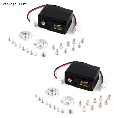 Package contents of Two Pack 12V 30Kg Dual Axis TTL Serial Bus Servo with metal gear and 12-bit programmable magnetic encoder.
