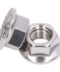 Close-up of 50 Piece Stainless Steel Flange Nut Set A2 70 DIN1587 Built To Last Rustproof Locking Nuts, two nuts shown.