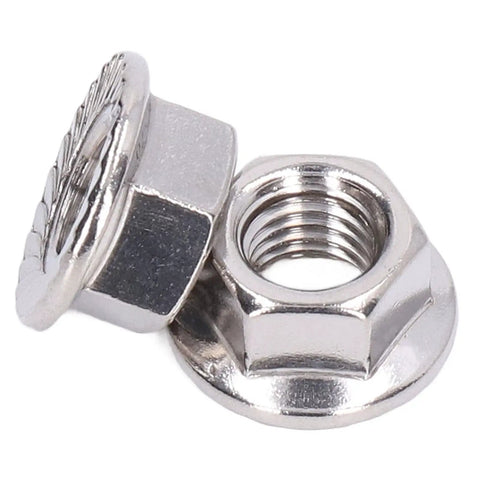 Close-up of 50 Piece Stainless Steel Flange Nut Set A2 70 DIN1587 Built To Last Rustproof Locking Nuts, two nuts shown.
