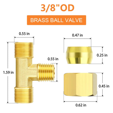 Dimensions and design of Brass Compression Tee Fitting Three Eighths Inch Tube OD Connector 5 Pack Built Tough For Fuel Air Oil Water
