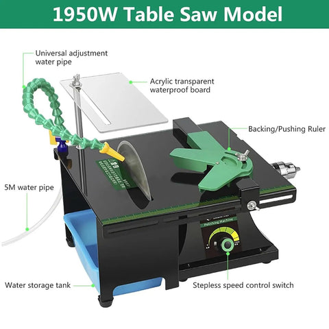 Pro Precision Mini Table Saw And Bench Lathe For Jewelry Making with 1950W motor, acrylic board, and variable speed control.