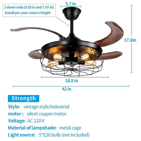 42 Inch Ceiling Fan With Lights Remote Control And Retractable Blades In Vintage Industrial Cage Black Finish Dope Quiet Copper Motor Four Blades For Strong Airflow Edison Bulbs Not Included Living Room Bedroom, black metal cage design with exposed blades.