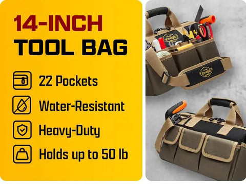 Premium 14 Inch Heavy Duty Tool Bag Organizer With Deep Storage Compartments And Quick Access Pockets Built Tough For Mechanics And Pros Khaki Job Site Hustle Ready Gear Tote