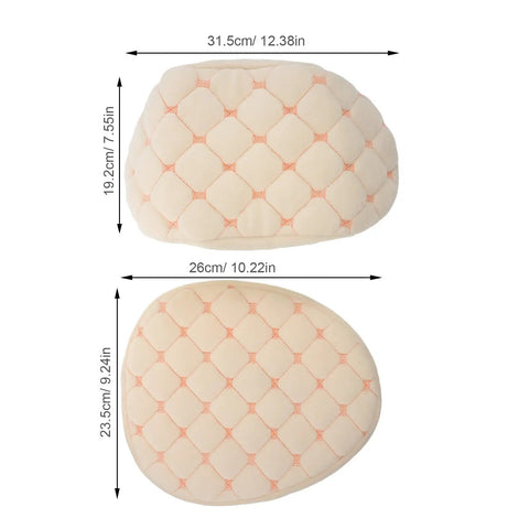 Hella Cozy Beige Plush Motorcycle Seat Cover With Super Warm Winter Fluffy Padding For Riders Seeking A Smooth Ride And Dope Dirt Bike Accessories That Look Clean And Feel Amazing All Day Long measuring 31.5cm x 19.2cm and 26cm x 23.5cm.