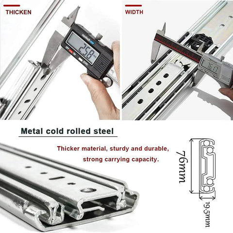 Pair Of Heavy Duty Ball Bearing Drawer Slides With Integrated Safety Lock Full Extension Metal Runners showing dimensions in mm.