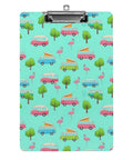 Happy Camping Themed Acrylic Clipboard For Office And Outdoors, Thick Durable Writing Surface, 8.5 x 12.5 in, clear, flamingo and van print