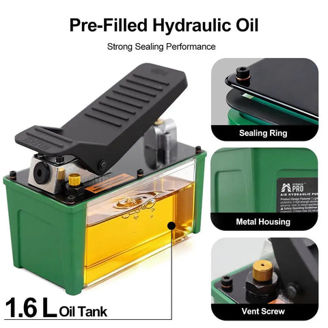 10,000 Psi Air Hydraulic Pump With Foot Pedal And Six Point Six Foot Hose showing metal housing, sealing ring, and vent screw