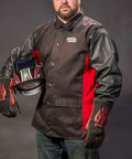 Grain Leather Sleeves Welding Jacket With Premium Flame Resistant Cotton Body Black And Red Size Large with helmet