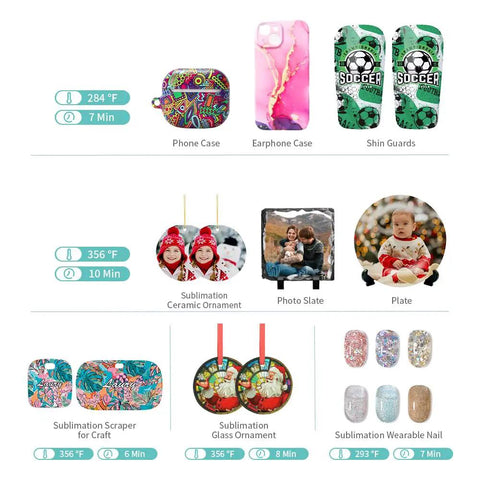 Examples of sublimation blanks including phone case, earphone case, shin guards, ornaments, photo slate, plate using Pro Grade 3D Vacuum Sublimation Tray and Pump Set for 25 L Sublimation Oven, 80 W Kit with One Tray and Pump, Perfect for Sublimation Blanks Like Phone Cases, Plates, Photo Slates, Ornaments and More