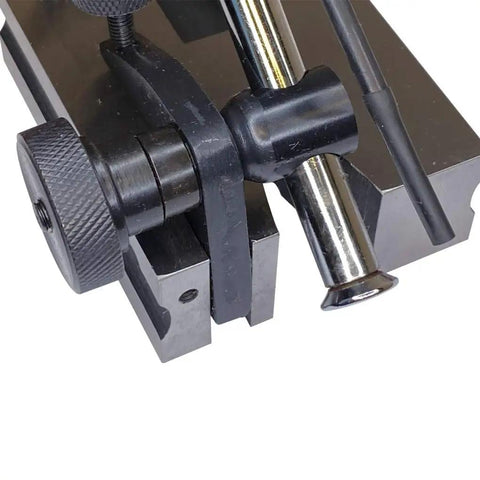 Dual Post Steel Surface Gage With Fine Adjustment, Retractable Base Pins, 4 Inch And 7 Inch Posts, V-Groove Bottom For Cylindrical Work, Angled Spindle For Above Or Below Base, Hardened Scriber Head With Spring