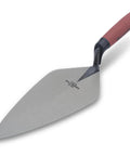 London Style Pro Grade Brick Trowel With DuraSoft Handle For Brickwork Blockwork And Stonework Ten And One Half Inch By Four And Three Quarters Inch Forged High Carbon Steel Made In USA Masonry Tool angled view