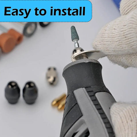 Using Go-To 16 Piece Drill Chuck Collet Set for Dremel Rotary Tools with grinding attachment, easy installation shown