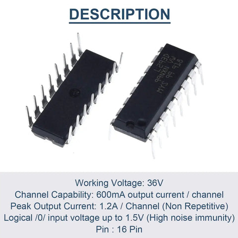 L293D Four Channel Motor Driver Module DIP16 for Arduino DIY Projects, close-up view of two 16 pin ICs with specs in text