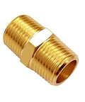 Two Piece Quarter Inch Solid Brass Npt Male Hex Nipple Pipe Fitting Shop Grade Forged Body with tight seals.