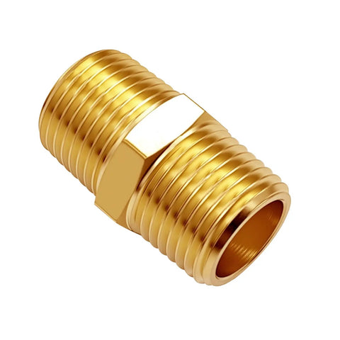 Two Piece Quarter Inch Solid Brass Npt Male Hex Nipple Pipe Fitting Shop Grade Forged Body with tight seals.