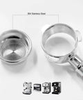 54mm Bottomless Portafilter With Stainless Steel Head And Walnut Handle For Breville Barista Express Pro Touch Bambino Plus Infuser Duo Temp Pro And Other 54mm Breville Espresso Machines See Extraction Clearly, showing disassembled view.