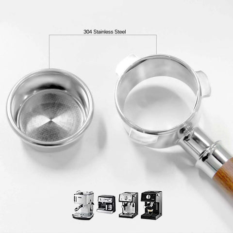 54mm Bottomless Portafilter With Stainless Steel Head And Walnut Handle For Breville Barista Express Pro Touch Bambino Plus Infuser Duo Temp Pro And Other 54mm Breville Espresso Machines See Extraction Clearly, showing disassembled view.