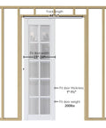 4Ft Sliding Pocket Door Hardware Kit With Soft Close, Aluminum Box Rail, Easy Install, 44.5 Inch Track Kit for 23 to 24 Inch Wide Single Doors, illustration of frame and rail.