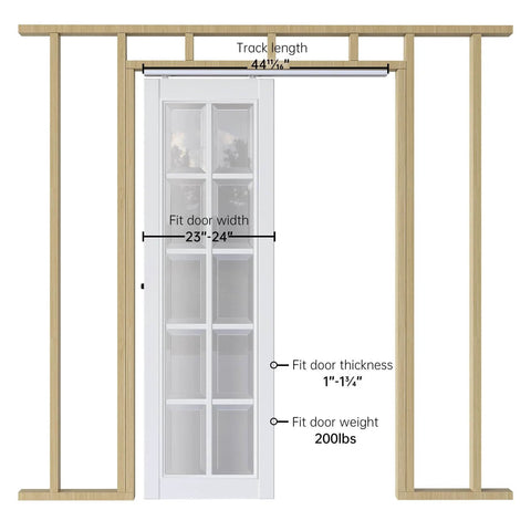4Ft Sliding Pocket Door Hardware Kit With Soft Close, Aluminum Box Rail, Easy Install, 44.5 Inch Track Kit for 23 to 24 Inch Wide Single Doors, illustration of frame and rail.