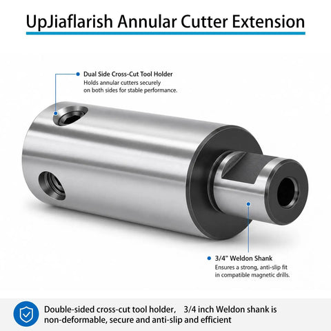 Beefy 3/4 Inch Weldon Shank Extension For Annular Cutters Cranks Magnetic Drill showing dual side cross-cut tool holder for stability.