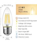 B11 LED Filament Bulb With E26 Medium Base 2700K Warm White Glow, 4W (60W Equivalent), 500 Lumens, Non Dimmable features