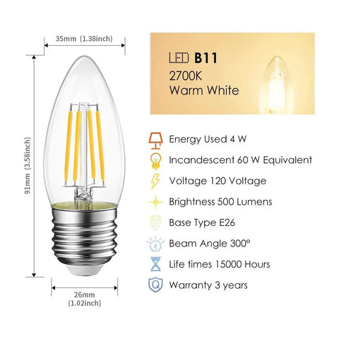 B11 LED Filament Bulb With E26 Medium Base 2700K Warm White Glow, 4W (60W Equivalent), 500 Lumens, Non Dimmable features