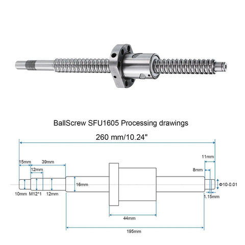 Diagram of Beefy Ball Screw SFU1605 16mm Diameter 5mm Lead 260mm Length with Anti Backlash Kit for CNC Machines