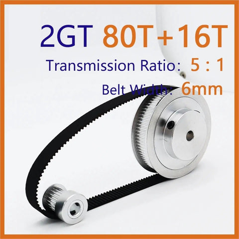 Solid 5-1 Timing Pulley Kit With 16T And 80Gears For Speed Reduction Using 2GT Belts And 6mm Width Double Flange Multi Bore Design For Smooth Machine Gear Up And Reliable Heavy Duty Performance, 2GT pulley and belt