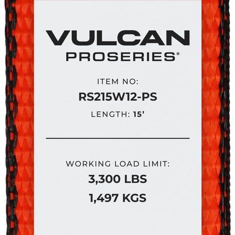 Label of Beefy Pro Series 2 Inch Ratchet Strap showing item number, 15 ft length, 3,300 lbs working load on optic orange webbing.