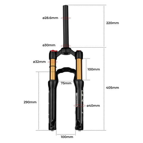 Beefy 20 Or 24 Inch Mountain Bike Suspension Air Fork with 28.6mm Steerer shown with dimensions and 9mm Disc Brake Version.
