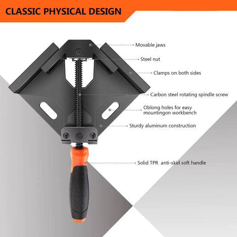 Close-up of aluminum alloy frame corner clamp with steel threaded rods and adjustable swing jaw, part of Two Piece Corner Clamp Set for Woodworking.