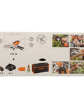 GTA 26 Cordless Wood Cutter Set With AS 2 Battery And AL 1 Charger box showing product images and specifications.