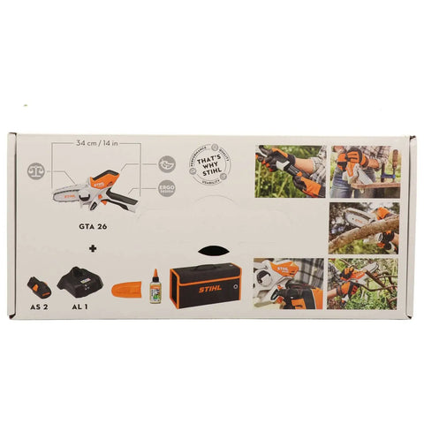 GTA 26 Cordless Wood Cutter Set With AS 2 Battery And AL 1 Charger box showing product images and specifications.