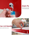 Close-up of 80 Quart Rolling Ice Chest with drain plug and lid handle features for Backyard BBQs and Parties.