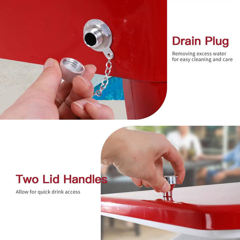 Close-up of 80 Quart Rolling Ice Chest with drain plug and lid handle features for Backyard BBQs and Parties.