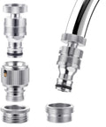 Sink To Hose Adapter Solid Brass 360 Degree Swivel Quick Connector shown with multiple thread types and chrome finish.