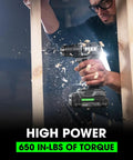 Person using 24V Brushless Cordless Drill Driver Kit With One Half Inch Chuck, 650 In Lbs Torque, 2 Speed, Compact Powerhouse