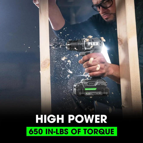 Person using 24V Brushless Cordless Drill Driver Kit With One Half Inch Chuck, 650 In Lbs Torque, 2 Speed, Compact Powerhouse
